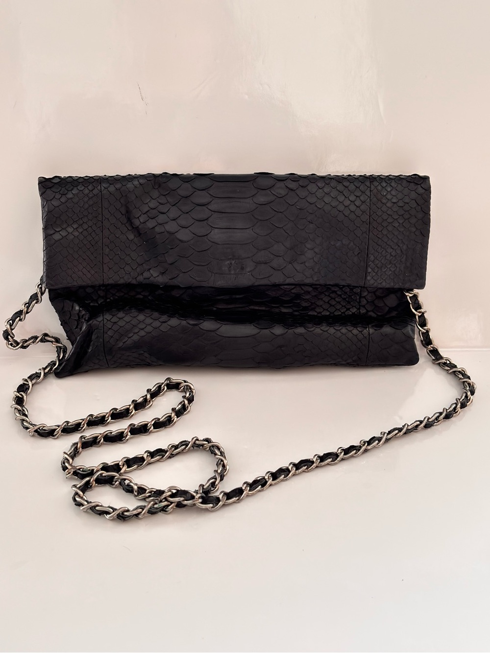 Black Python-Embossed Chain Shoulder Clutch
